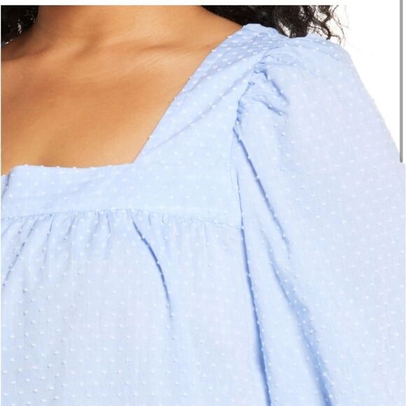 Caslon 100% Cotton Square Neck Puff Elbow Sleeve Textured Dot Top Blue Large NWT - Picture 3 of 10